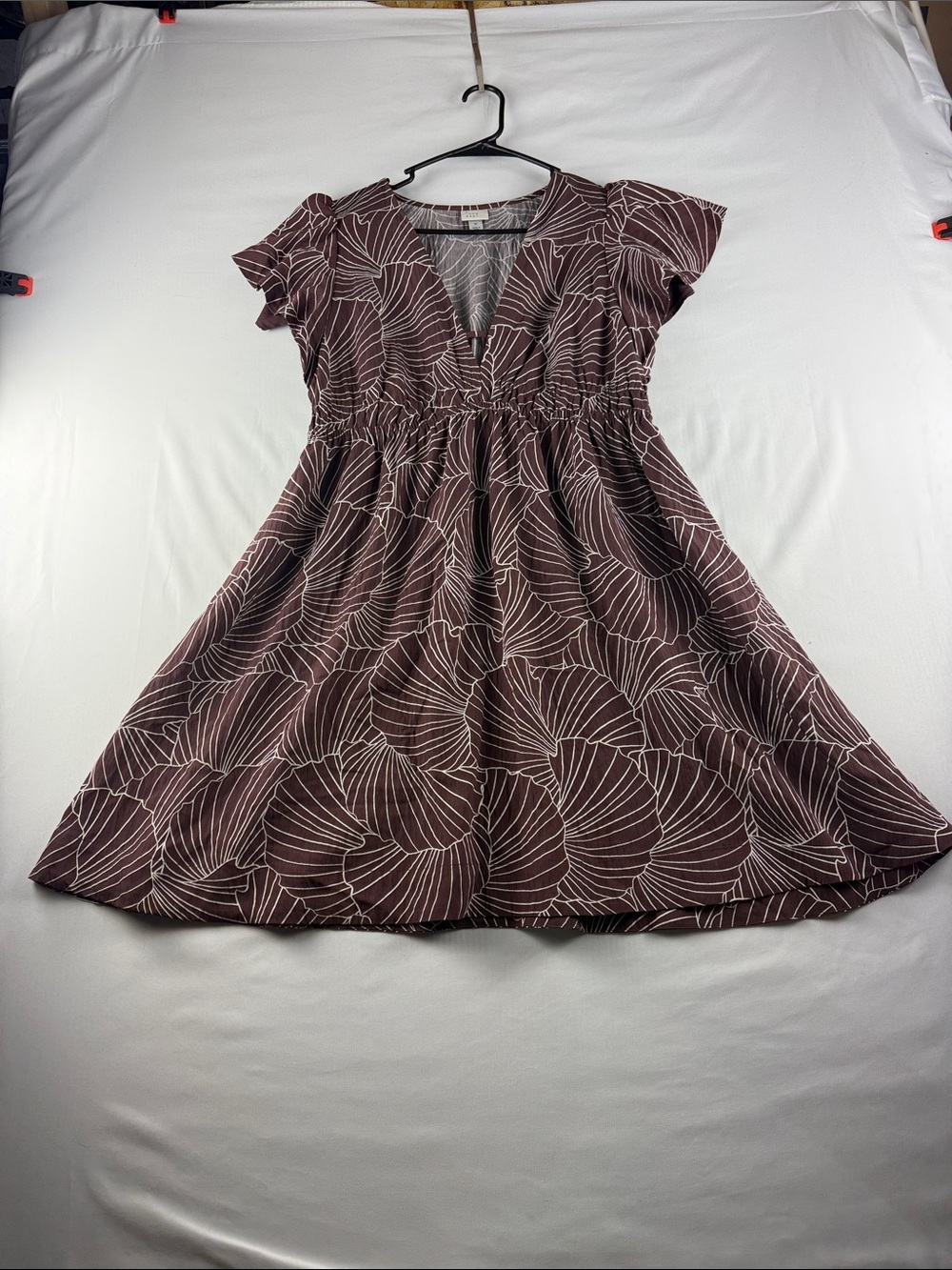 A New Day Brown & White Midi Dress Flutter Sleeves Pockets Women's Medium